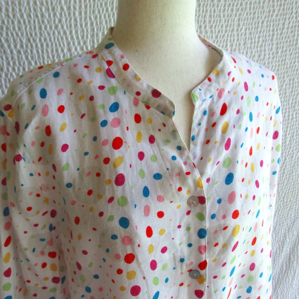 Carole Little Colorful Linen Shirt Size 1X 100% linen Polka Dot 3/4 Sleeve
